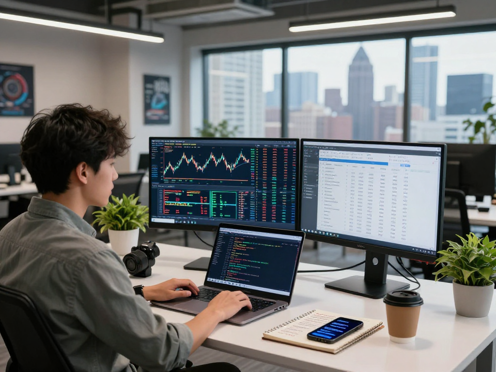 Developer analyzing NYSE historical Kline API data in a modern office.