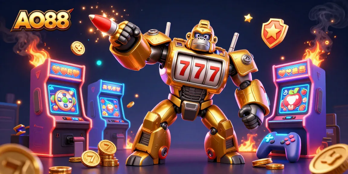 Experience the thrill of winning with AO88 featuring a dynamic golden gorilla mech in an exciting arcade scene.