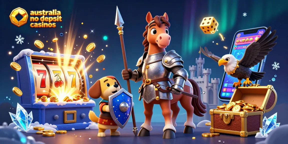 Engage with australia no deposit casinos, featuring a knight, puppy, and falcon amidst dynamic gaming elements.