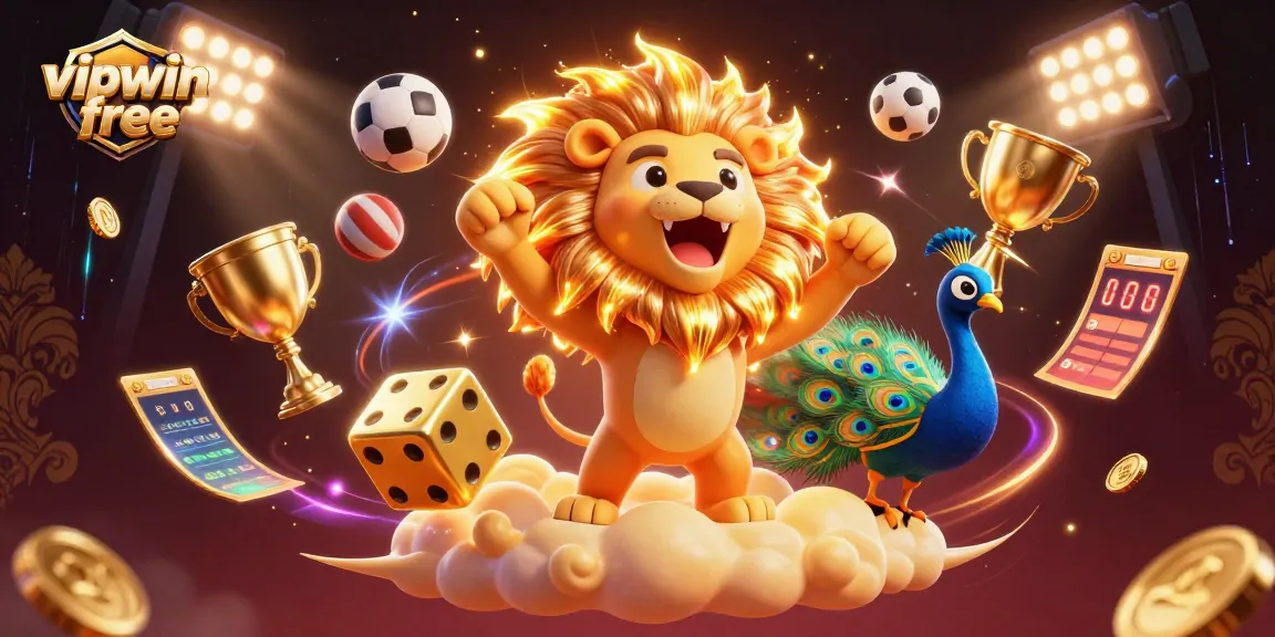 Win big at vipwin free with dynamic 3D illustration featuring golden dice, sports elements, and vibrant casino energy.