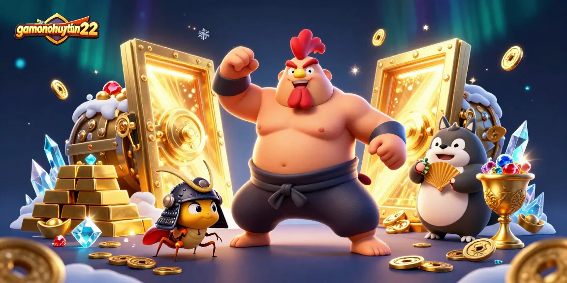 Experience the excitement of gamenohuuytin22 with a dynamic Pai Gow scene featuring a powerful sumo wrestler and treasures.