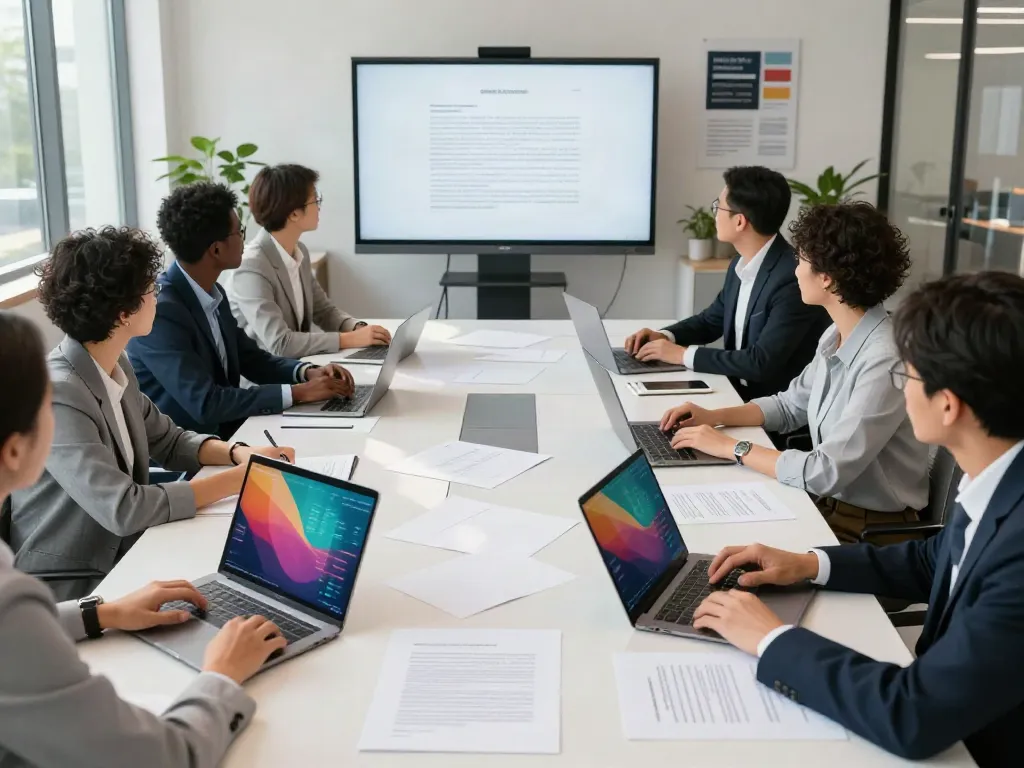 Team collaborating on an official statement draft in a modern office