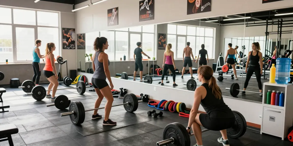 Selliza Steroids energizing group workout in fitness studio with powerlifting focus.
