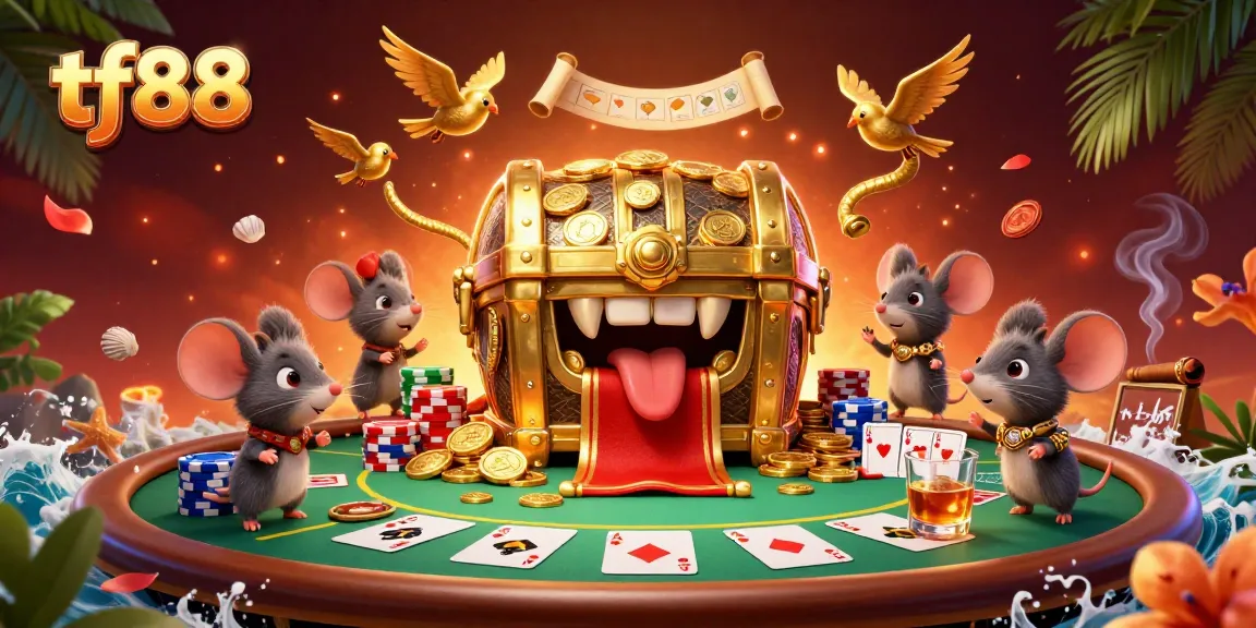 Experience exciting gaming at tf88 with a dynamic 3D casino scene filled with vibrant visuals and treasures.