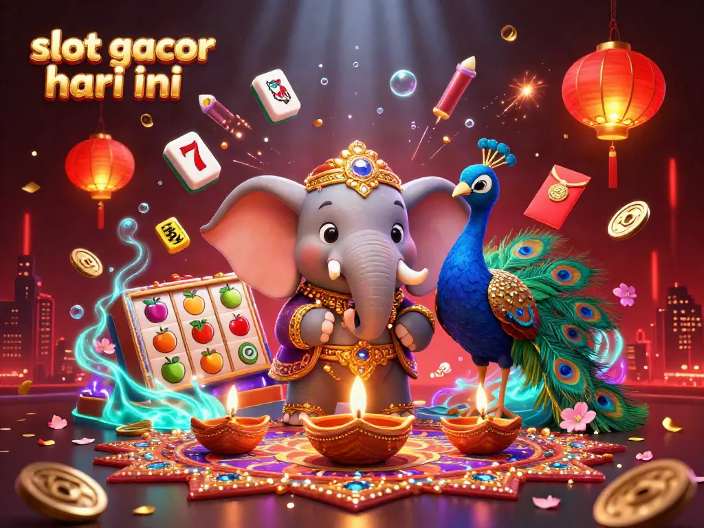 Gambar kreatif bertema slot gacor hari ini dengan gajah berwarna dan merak yang cerah, simbol slot dan diyas.