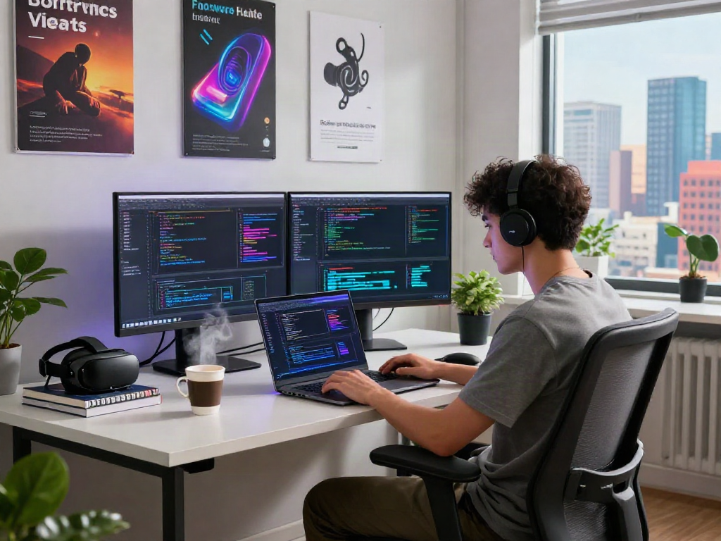 Developer coding with crushon software tools in a modern workspace