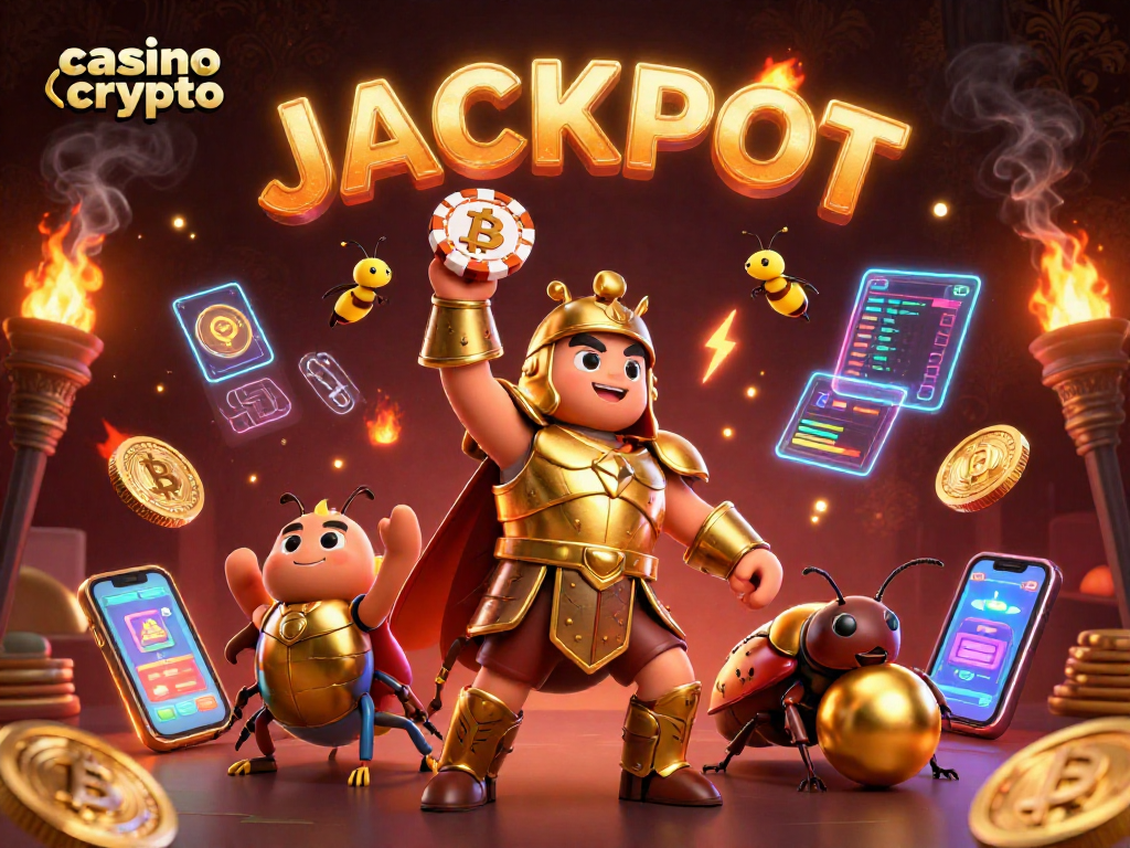Illustration d'un casino crypto avec un scarabée en armure dorée, célébrant un jackpot avec des pièces Bitcoin et Ethereum.