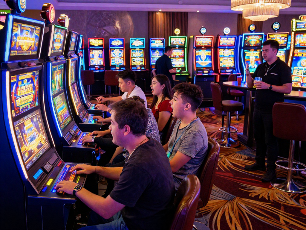 Pengalaman bermain slot gacor di kasino dengan pemain beragam yang terlibat dalam permainan, suasana ceria dan slot mesin berwarna-warni.