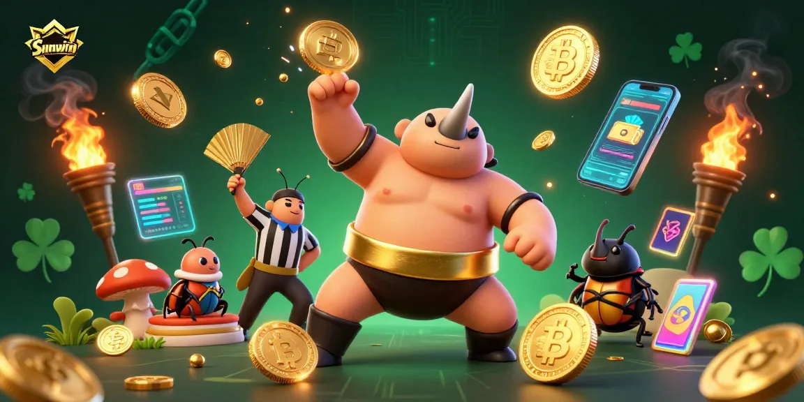 Experience excitement at Sunwin with a dynamic scene of a sumo beetle champion among coins and spectators.