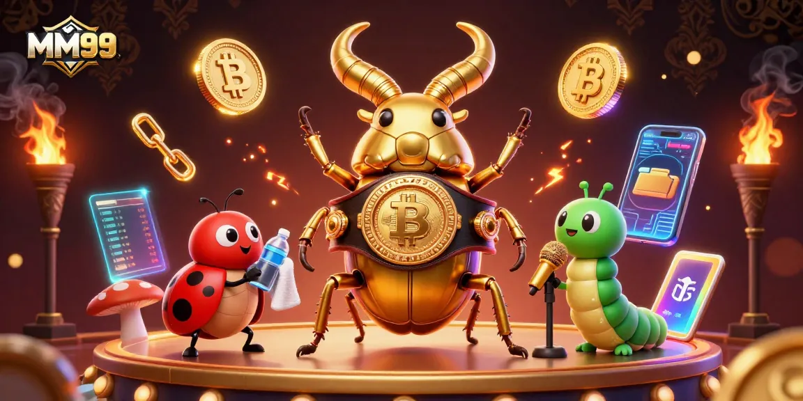 Engage with MM99's vibrant 3D illustration showcasing exciting casino characters and crypto elements.