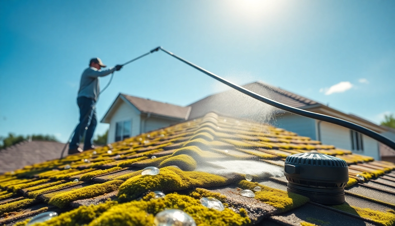 Roof Cleaning service showing a technician expertly cleaning a roof with soft wash technology.