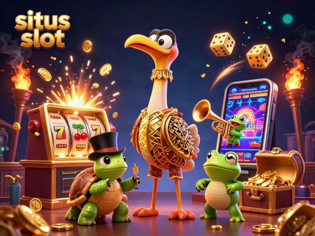 Experience situs slot excitement with a vibrant casino scene featuring cartoon characters and slot elements.