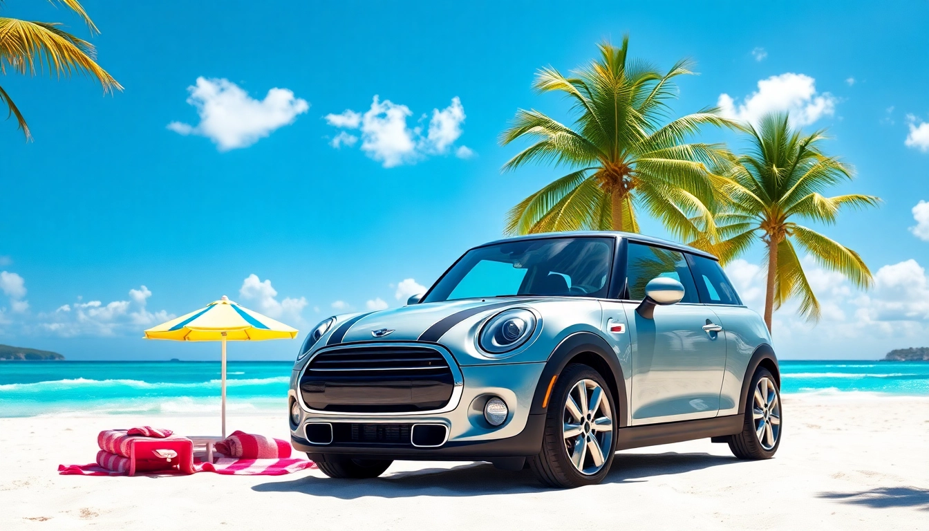 Mini Cooper st Barts rental parked on a sunlit beach with vibrant surroundings.