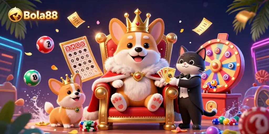 Bola88 showcases a royal corgi throne scene with vibrant lottery balls and a cat butler for engaging gambling visuals.
