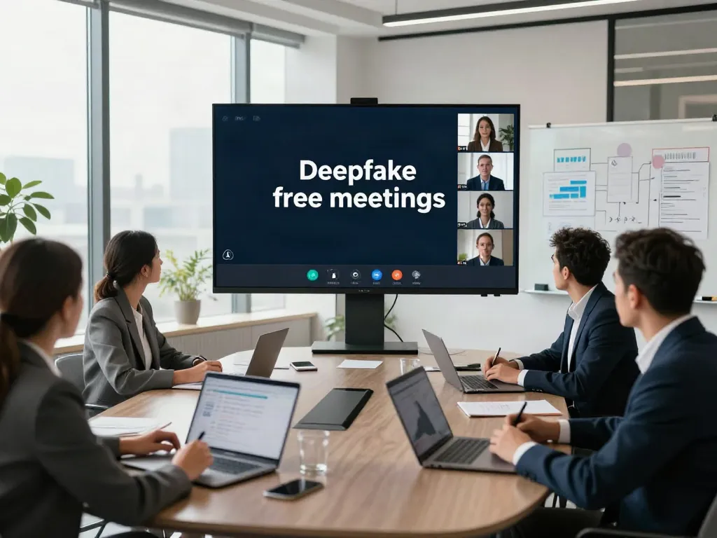 Deepfake free meetings collaboration in a modern conference room with diverse professionals engaged in real-time analytics.