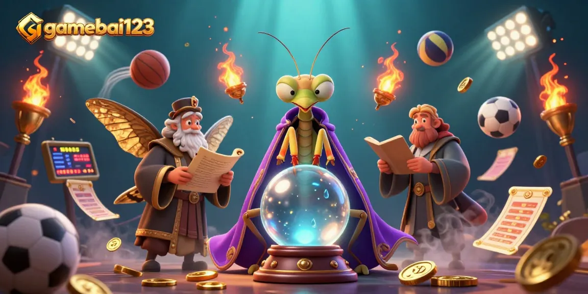 Experience gamebai123 with an enchanting scene featuring fortune tellers, sports elements, and dynamic action.
