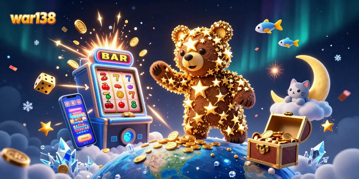 Win big with war138, featuring a vibrant 3D casino scene with characters and exciting game elements.