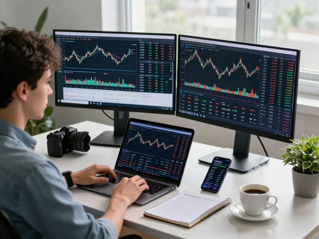Engaged trader using TradingView software on multiple screens for market analysis in a modern office setting.