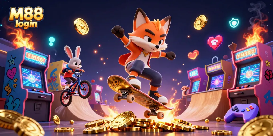 M88 login shows a thrilling scene with a skateboarding fox and BMX-riding rabbit amidst vibrant casino elements.