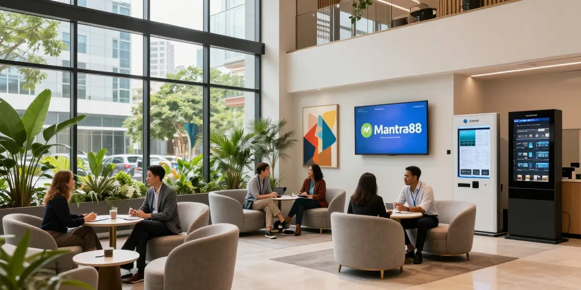 mantra88 modern commercial property with diverse professionals discussing leasing opportunities in vibrant lobby