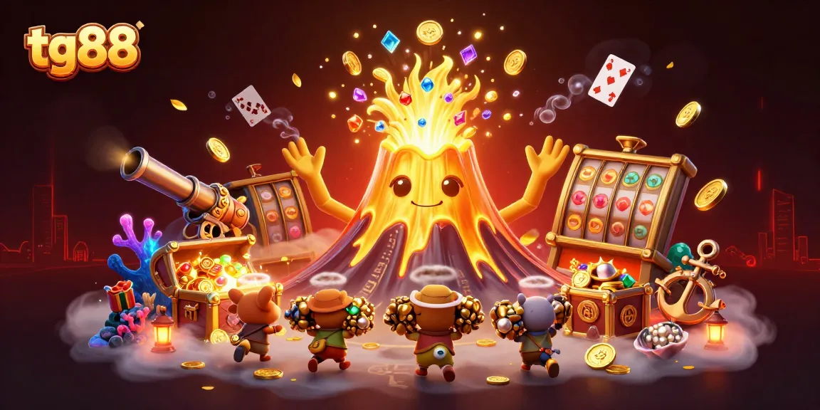 Experience thrilling jackpots and treasures at tg88 with an erupting golden volcano and fleeing creatures.