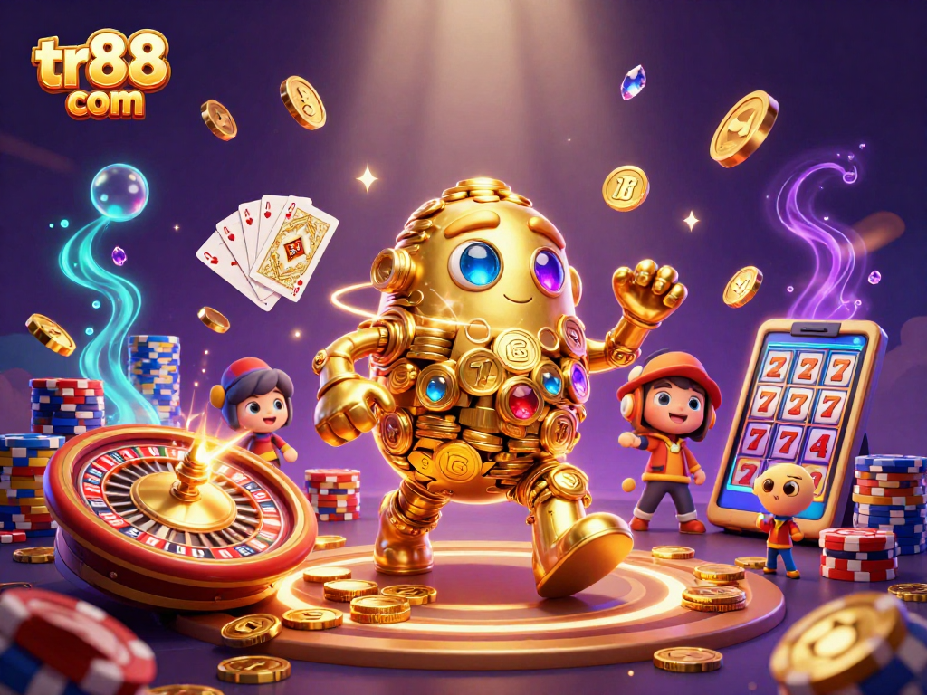 Experience thrilling gameplay at tr88 com with an animated gold golem surrounded by casino symbols.