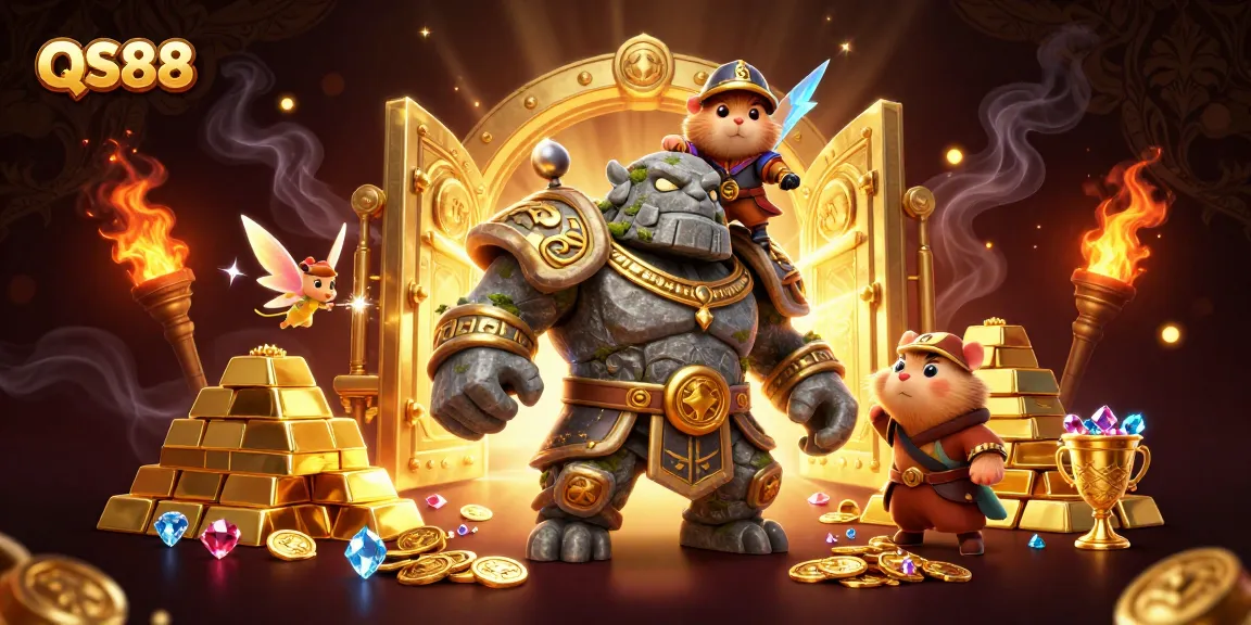 Experience the excitement of QS88 with a lively 3D casino illustration showcasing a golem guardian and magical elements.
