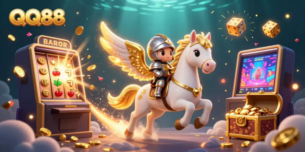 Experience QQ88's thrilling adventures with a magical horse and knight amidst vibrant casino elements.