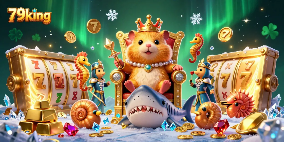 Game the slots at 79king with a golden hamster king on his megalodon throne in a treasure-filled casino.