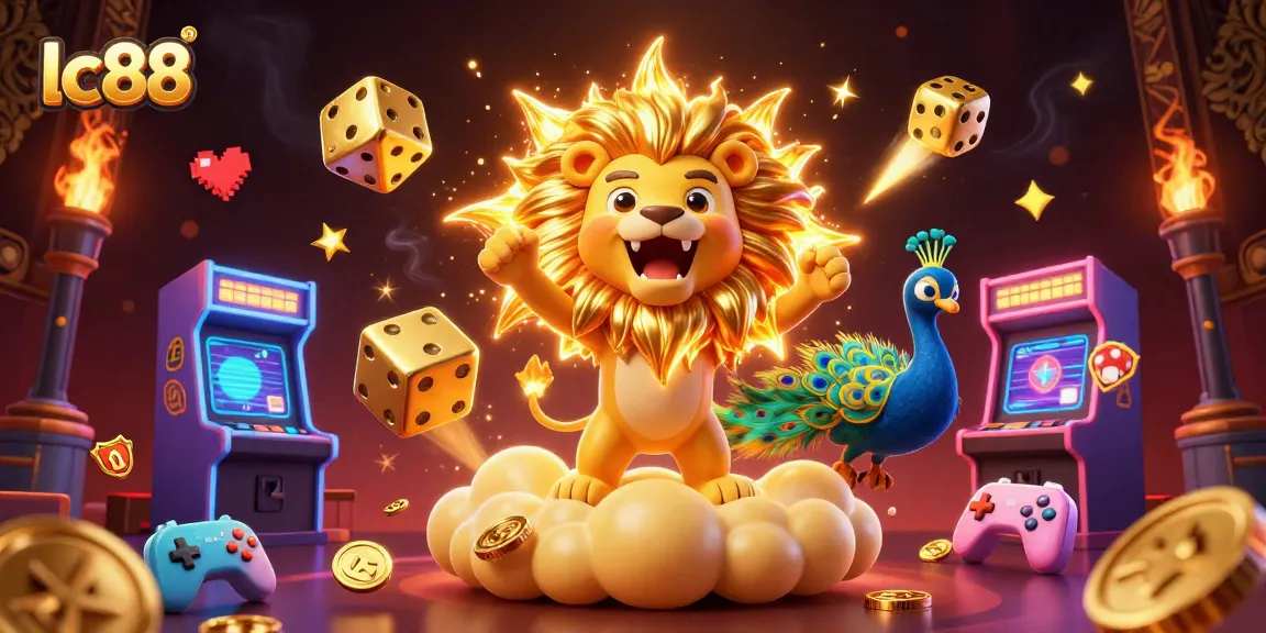 Engage in lively gaming with lc88, a vibrant 3D dynamic casino scene full of energy and gold.