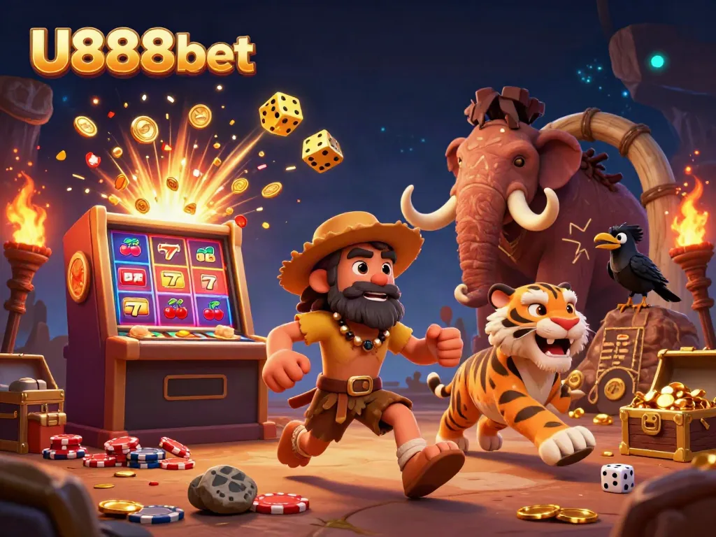 Engage in thrilling online gaming at U888bet with a vibrant 3D casino scene showcasing dynamic characters and elements.