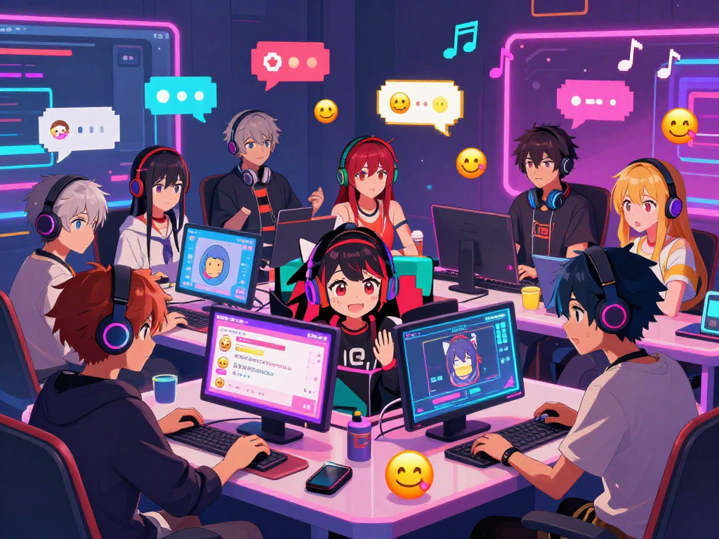 Engaging characters in a vibrant chat room showcasing hentai chat culture with colorful visuals.