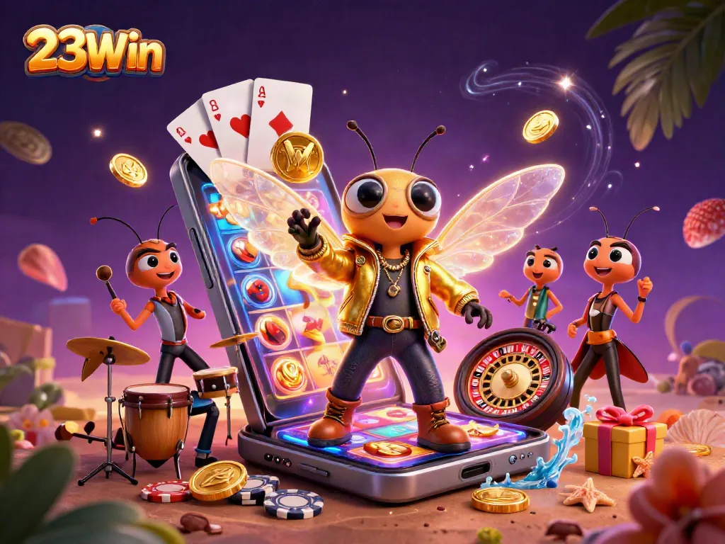Engage in thrilling slot games at 23Win with a vibrant 3D casino illustration.