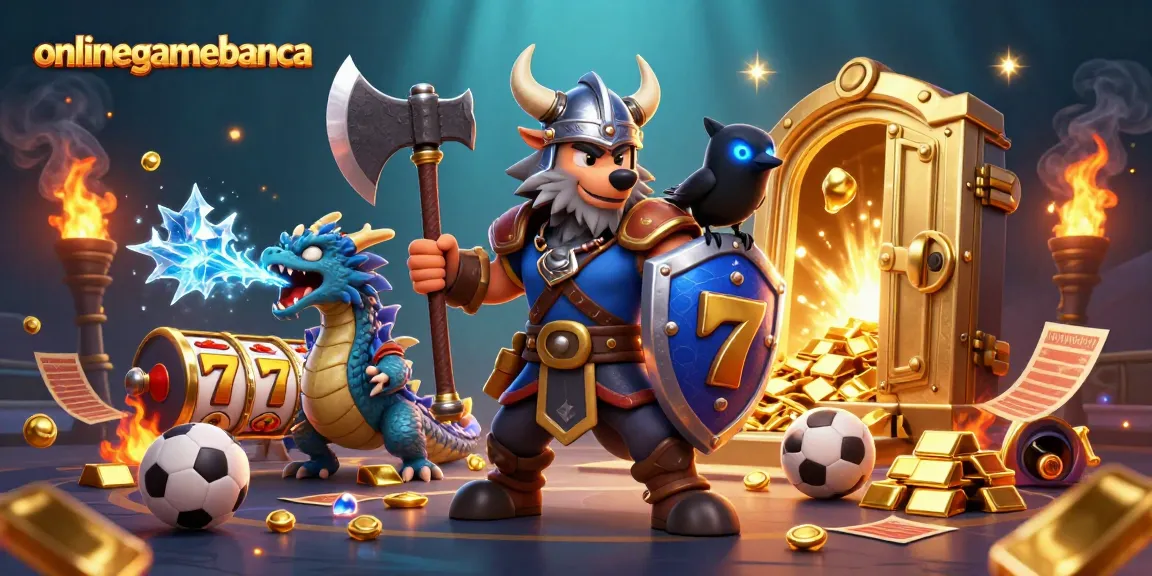 Engage with onlinegamebanca for epic gambling action featuring a Viking wolf warrior amidst dynamic casino elements.