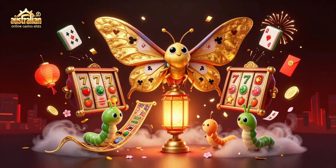 Engaging scene of a magnificent atlas moth and silk worms celebrating australian online casino sites with vibrant casino elements.