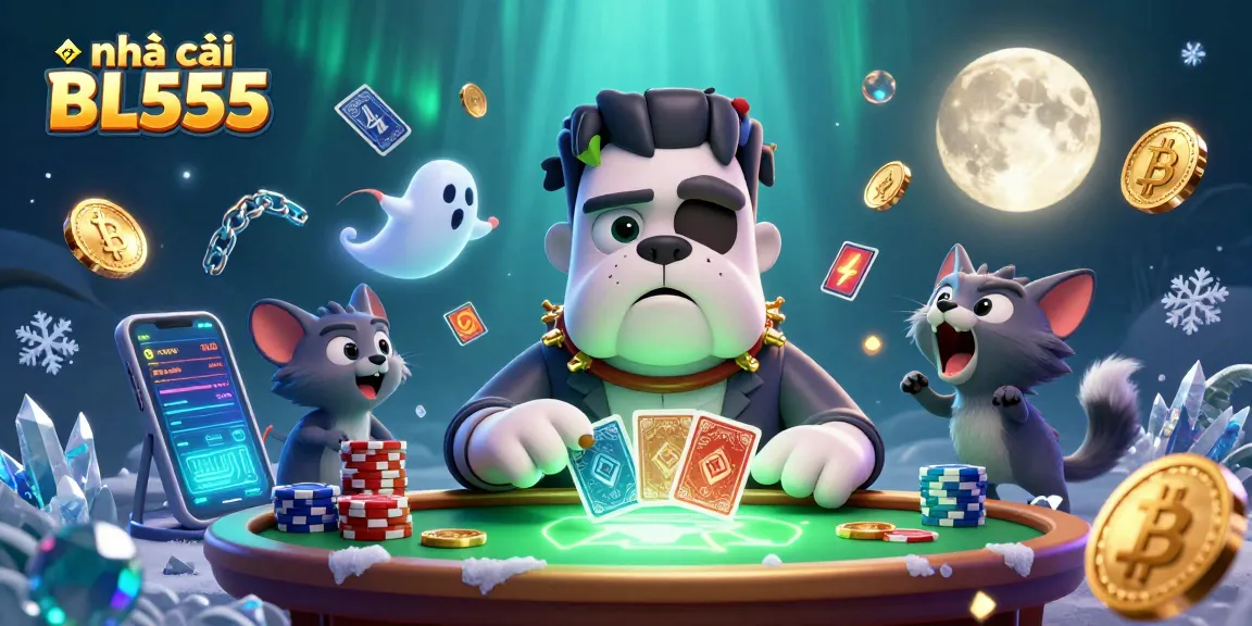 Engaging scene at nhà cái BL555 with a Frankenstein bulldog and werewolf kitten playing cards, showcasing an exciting online gambling environment.