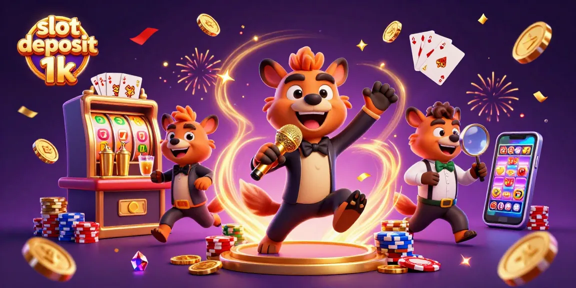 Slot deposit 1k menampilkan hyena lucu bermain kasino dengan mesin slot beruntung.