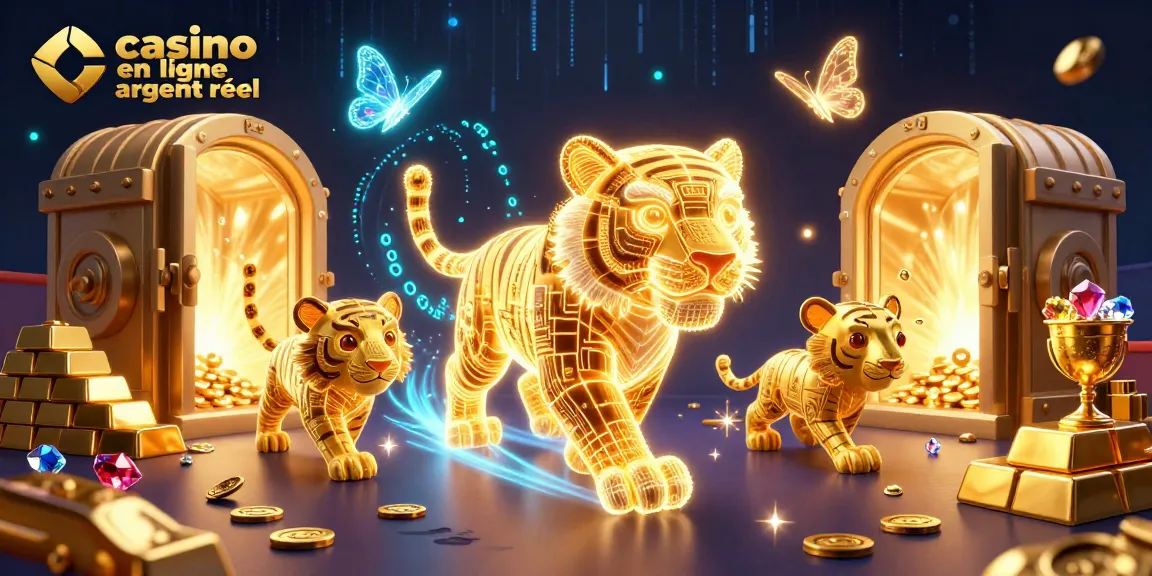 Plongez dans un casino en ligne argent réel avec des animations élégantes d'un tigre doré et des joyaux scintillants.