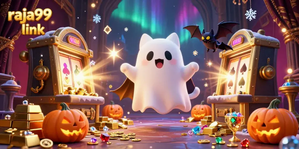 Experience the thrilling raja99 link casino adventure with a friendly ghost cat in a haunted mansion.
