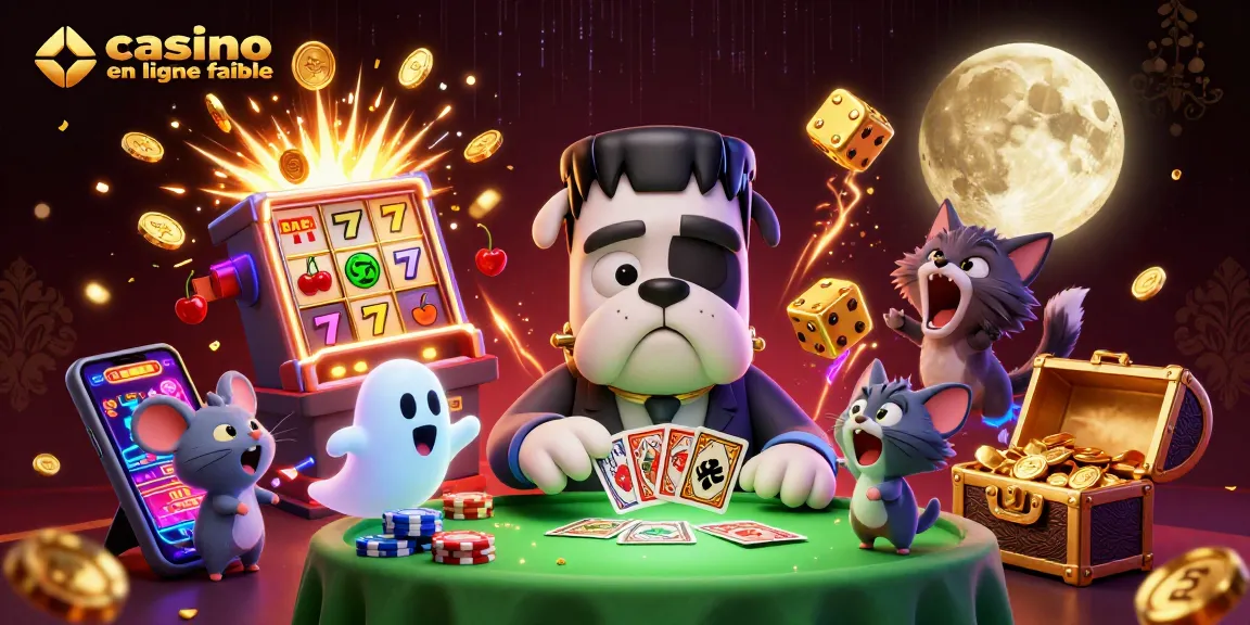 Illustration de casino en ligne fiable avec un bulldog Frankenstein et des éléments de jeu