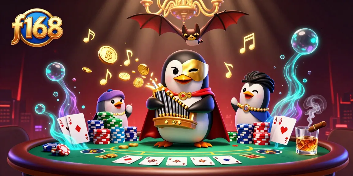 Engage in thrilling gameplay at f168 with a dynamic casino scene showcasing cards and coins.