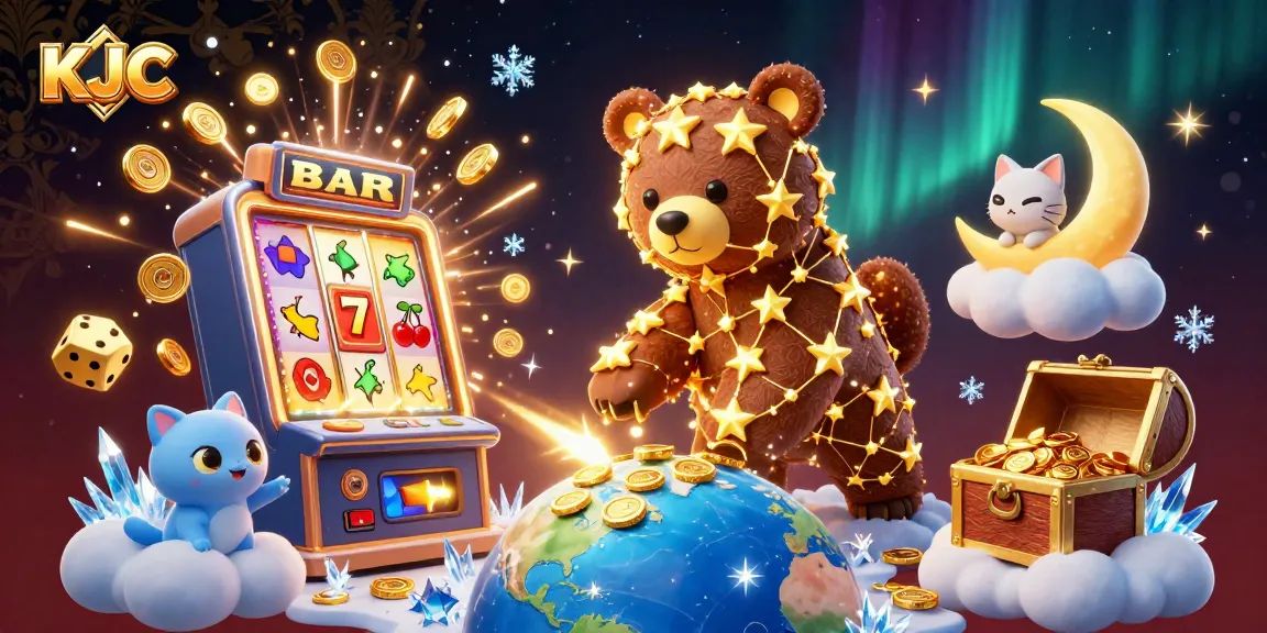KJC bears collecting coins in a vibrant casino scene, showcasing a dynamic slot machine and festive atmosphere.