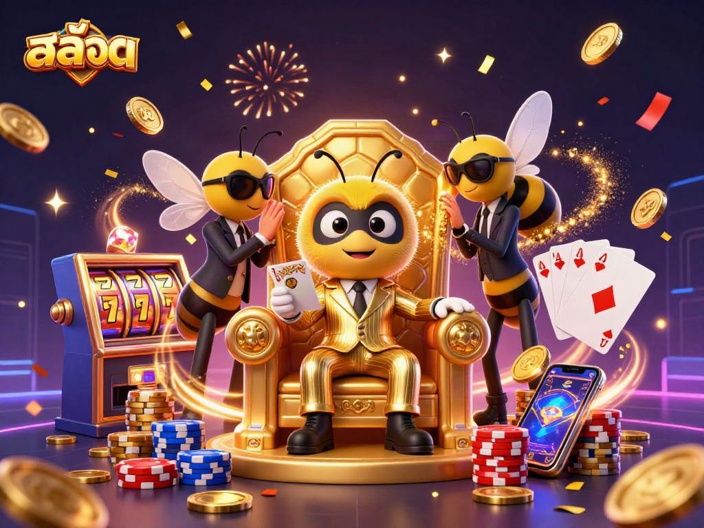 Spin the reels of สล็อต as a bumblebee mob boss oversees golden treasures in a vibrant casino.