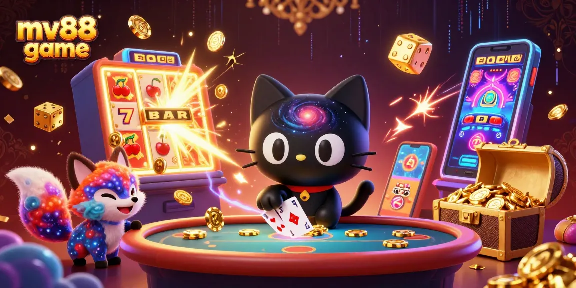 Experience the excitement of the mv88 game with dynamic scenes featuring a cosmic cat and vibrant casino elements.
