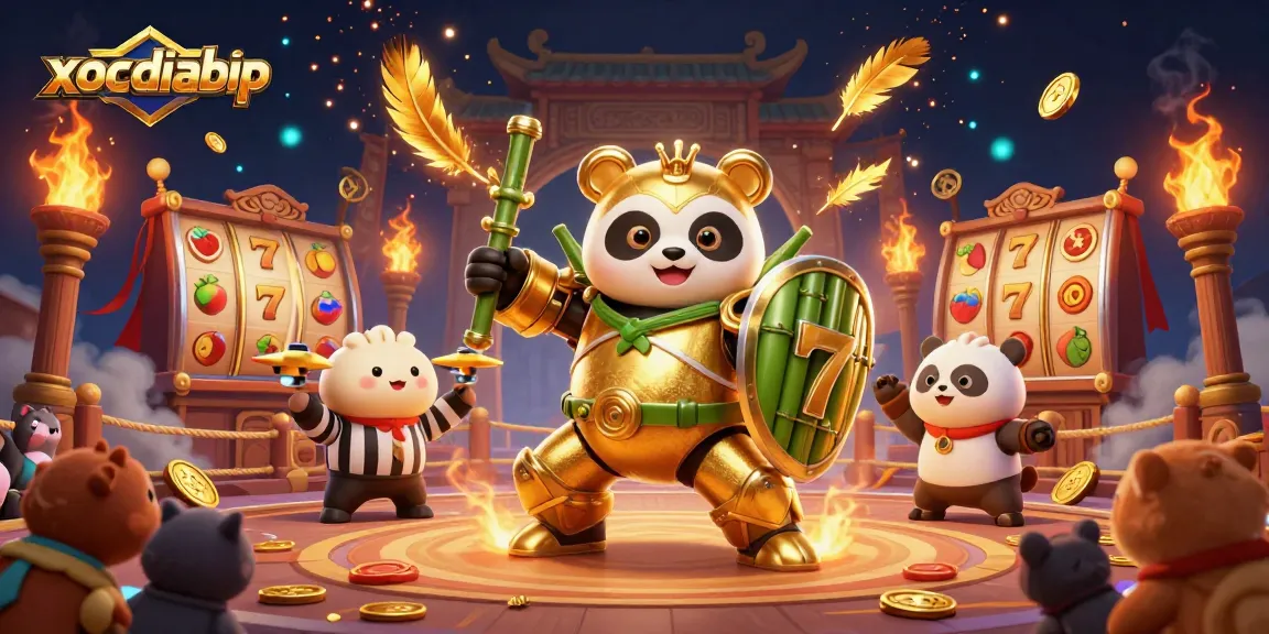 xocdiabip showcases a thrilling casino scene with a golden panda mech battling among vibrant slot machines.