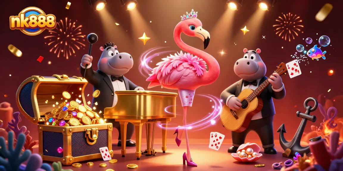 Experience exciting winning opportunities at nk888 with vibrant casino-themed 3D illustration featuring lively characters and game elements.