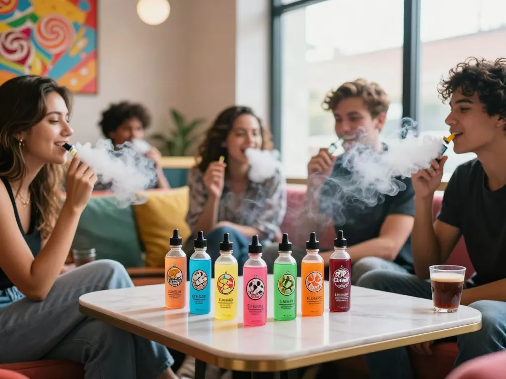 Friends sharing Pop Clouds E-Liquid flavors in a cozy lounge.