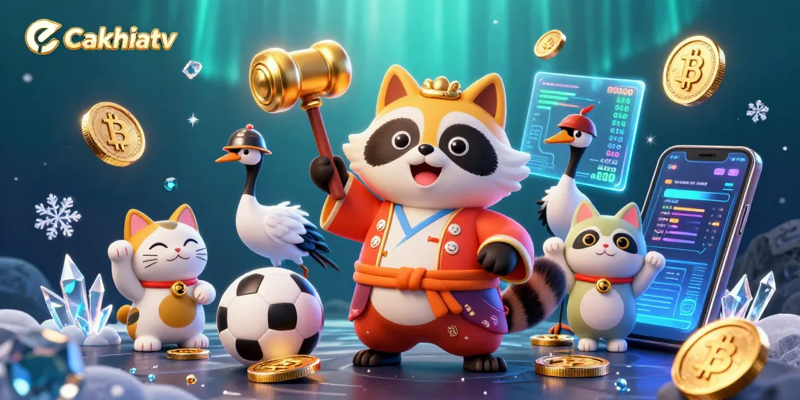 Cakhiatv brings excitement with a cheerful tanuki and colorful maneki-neko in a sports betting scene.
