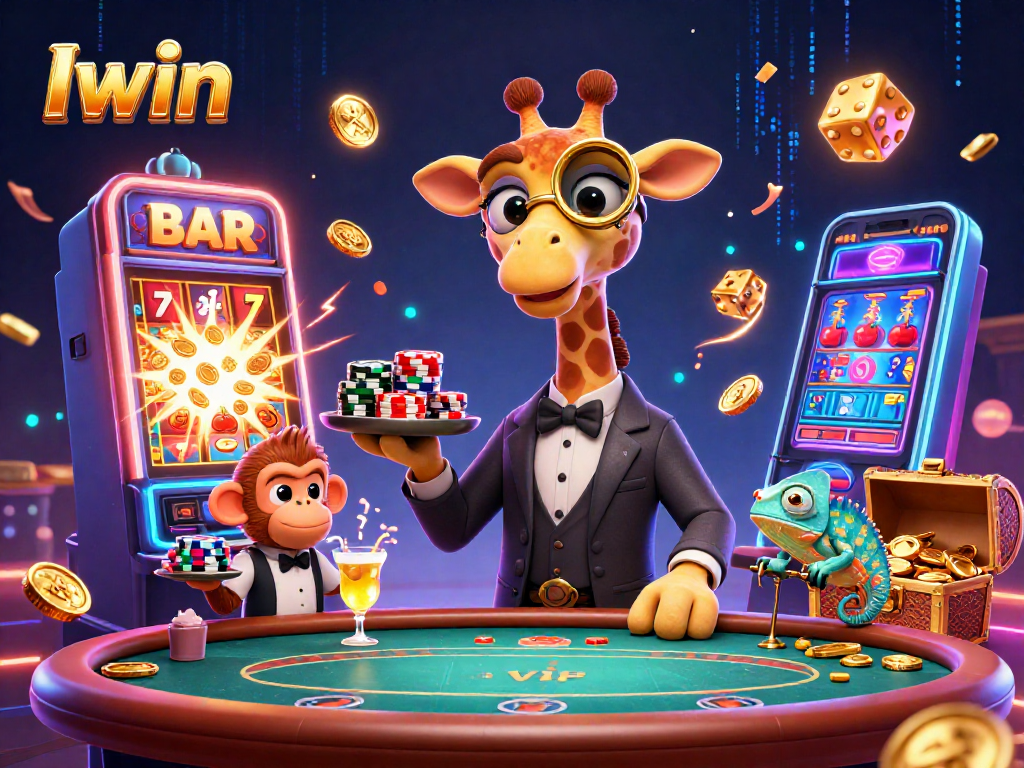 Iwin showcases a vibrant casino scene with a high-roller giraffe, monkey valet, and chameleon bartender among dynamic gaming elements.