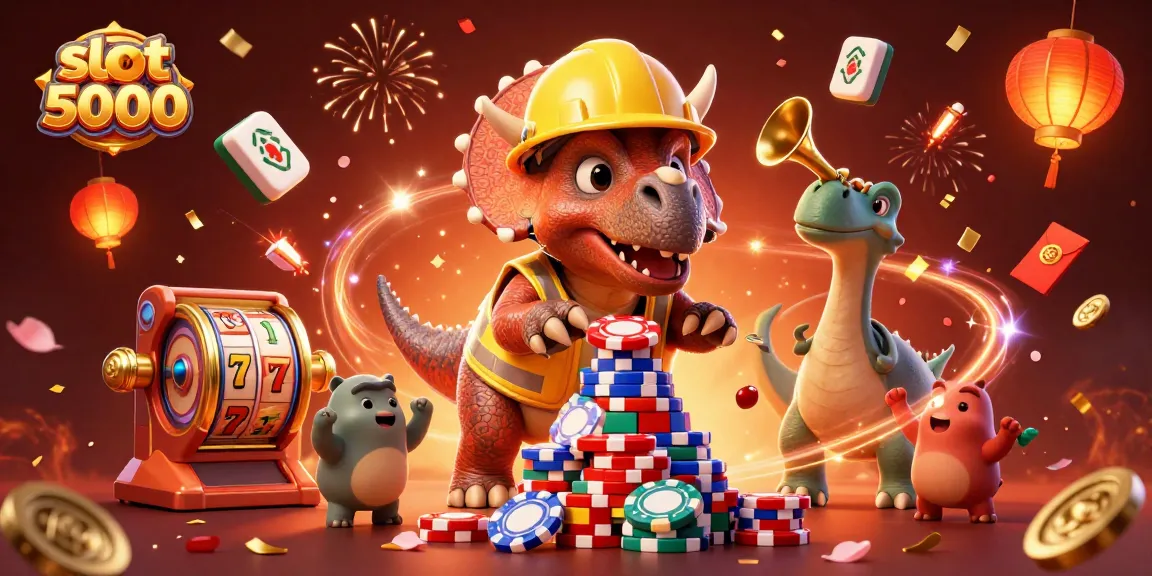 Slot 5000 menawarkan pengalaman bermain menarik dengan triceratops membangun tumpukan poker chips dan perayaan gembira.